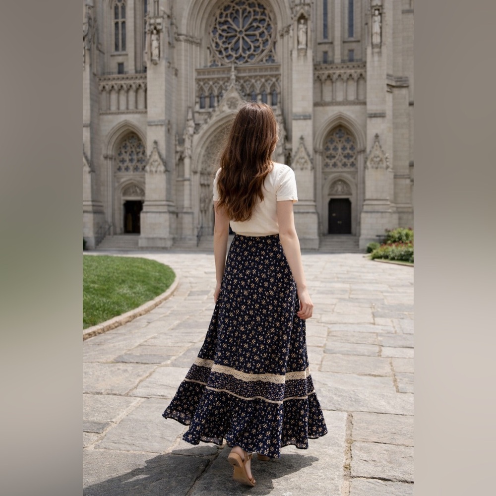 Vintage Navy Floral Maxi Skirt with Cream Trim